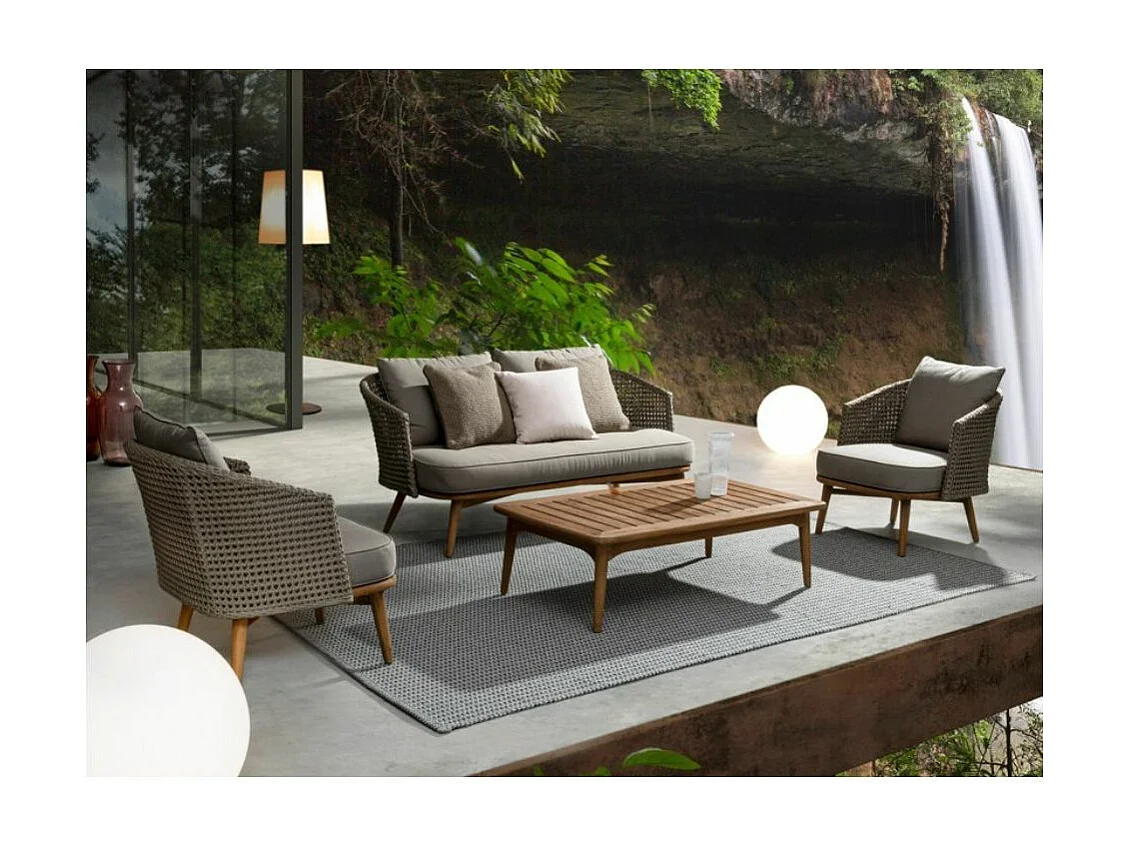 Fauteuil de jardin tressage en corde beige et pieds en teck avec finition rustique Irina