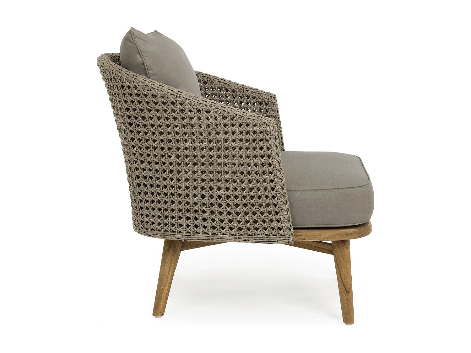 Fauteuil de jardin tressage en corde beige et pieds en teck avec finition rustique Irina