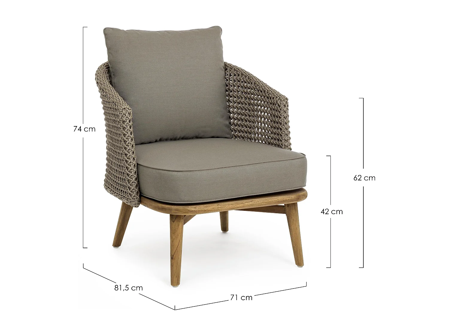 Fauteuil de jardin tressage en corde beige et pieds en teck avec finition rustique Irina