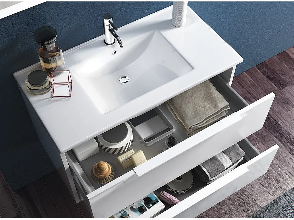 Ensemble meuble de salle de bain 2 tiroirs bois blanc et miroir lumineux Malo L 60cm