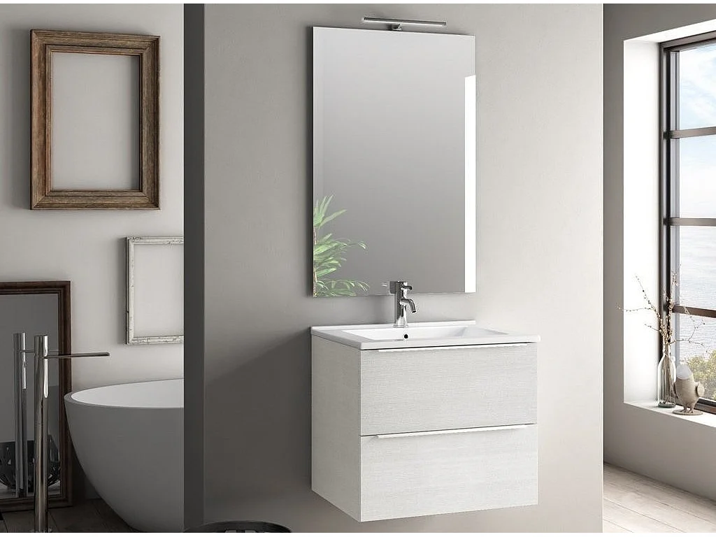 Ensemble meuble de salle de bain 2 tiroirs bois blanc et miroir lumineux Malo L 60cm