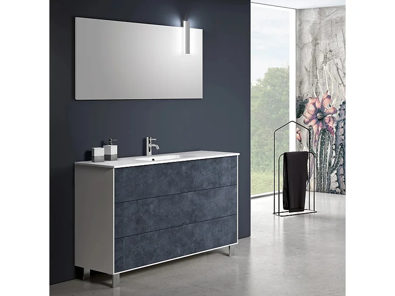Ensemble meuble de salle de bain 3 tiroirs bois blanc et bleu effet pierre et miroir à LED Lago L 120cm