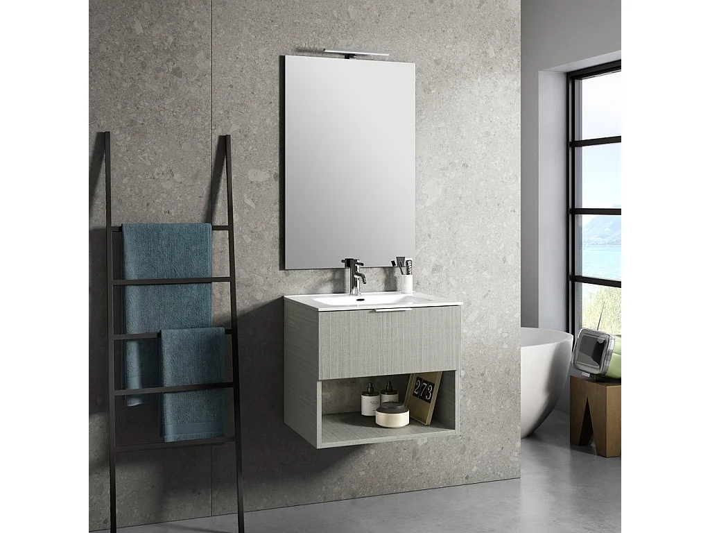 Ensemble meuble de salle de bain 1 tiroir bois beige et miroir lumineux Noe L 60cm