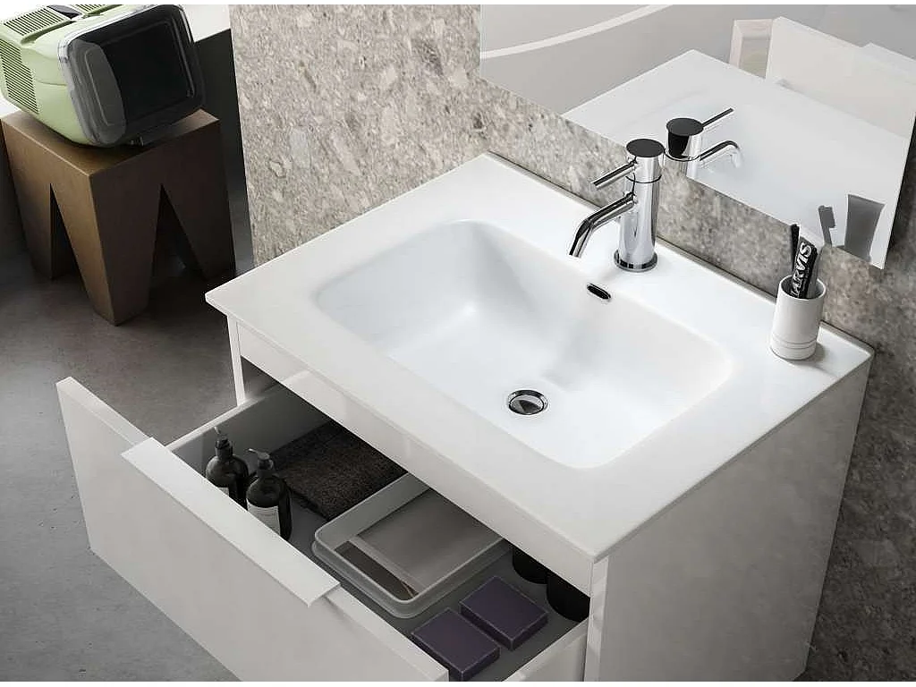 Ensemble meuble de salle de bain 1 tiroir bois beige et miroir lumineux Noe L 60cm