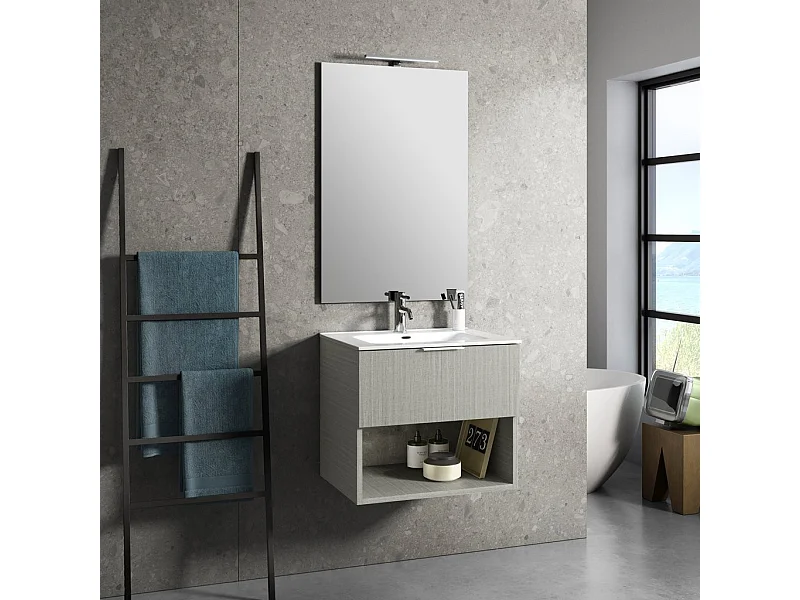 Ensemble meuble de salle de bain 1 tiroir bois beige et miroir lumineux Noe L 60cm