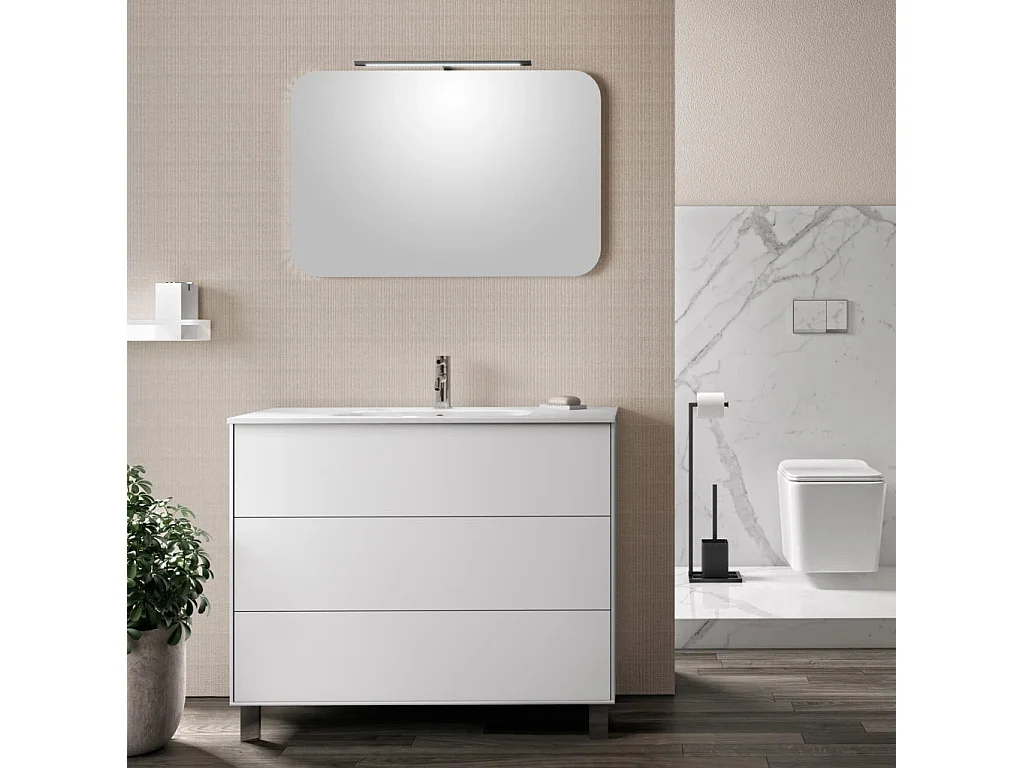 Ensemble meuble de salle de bain 3 tiroirs laqué blanc et miroir à LED Oga L 100cm