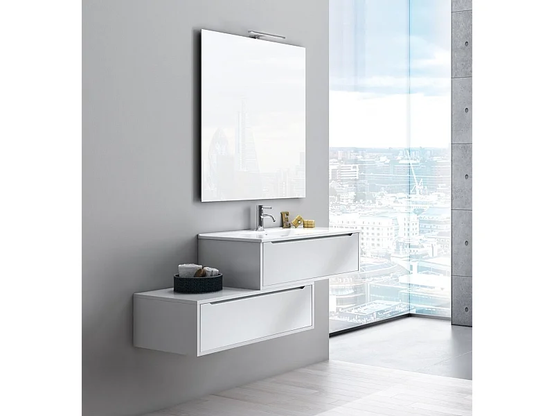Ensemble meuble de salle de bain 2 tiroirs laqué blanc et miroir à LED Selb L 140cm