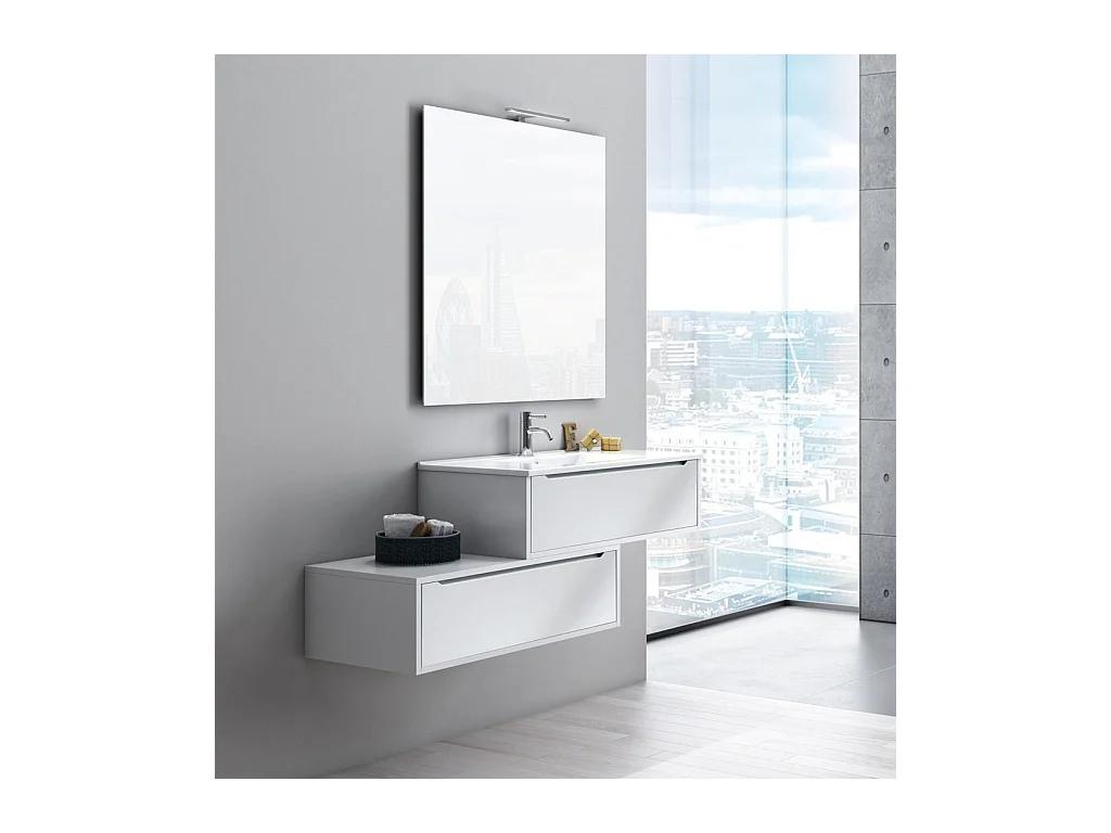Ensemble meuble de salle de bain 2 tiroirs laqué blanc et miroir à LED Selb L 140cm