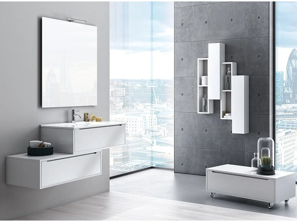 Ensemble meuble de salle de bain 2 tiroirs laqué blanc et miroir à LED Selb L 140cm