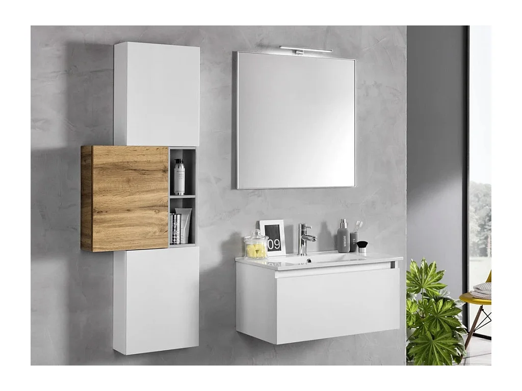 Ensemble meuble de salle de bain 3 armoires laqué blanc et chêne clair avec vasque et miroir lumineux Teph L 70cm