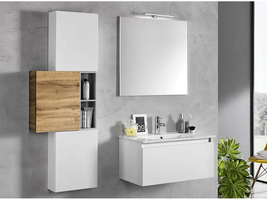 Ensemble meuble de salle de bain 3 armoires laqué blanc et chêne clair avec vasque et miroir lumineux Teph L 70cm