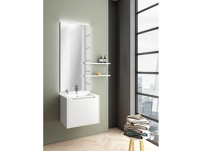 Ensemble meuble de salle de bain 1 tiroir laqué blanc mat avec miroir lumineux et 2 étagères Selb L 60cm