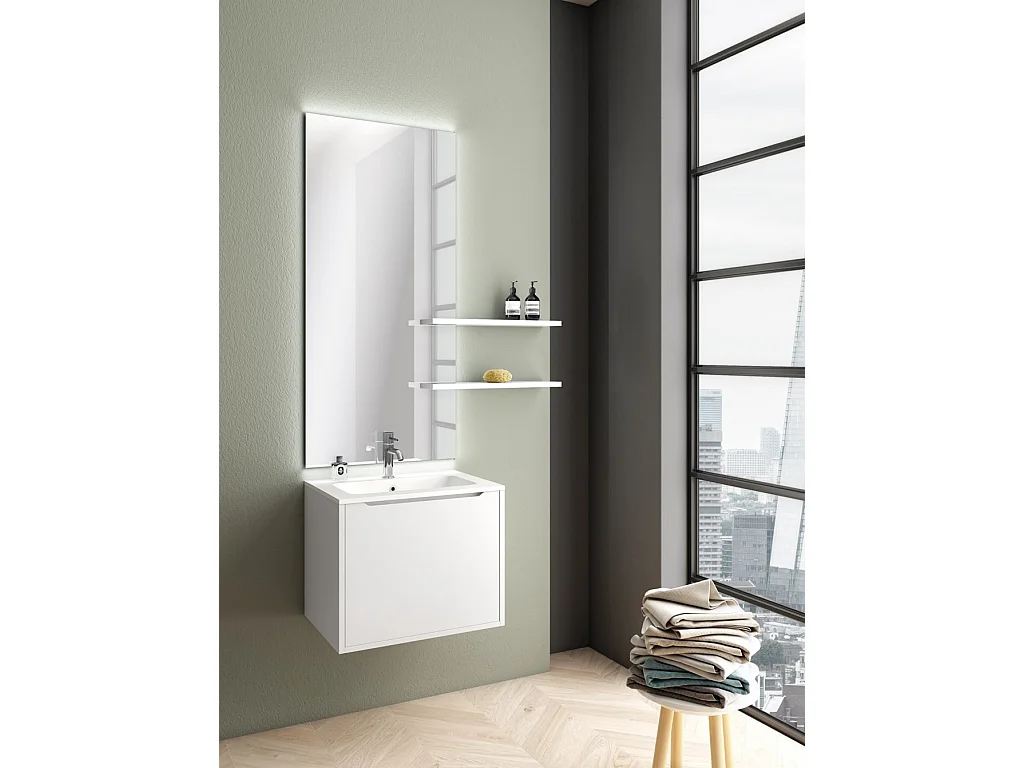 Ensemble meuble de salle de bain 1 tiroir laqué blanc mat avec miroir lumineux et 2 étagères Selb L 60cm