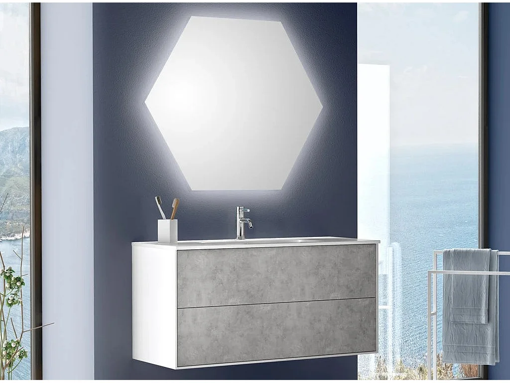 Ensemble meuble de salle de bain 2 tiroirs laqué blanc et effet béton et miroir lumineux Lago L 100cm 2