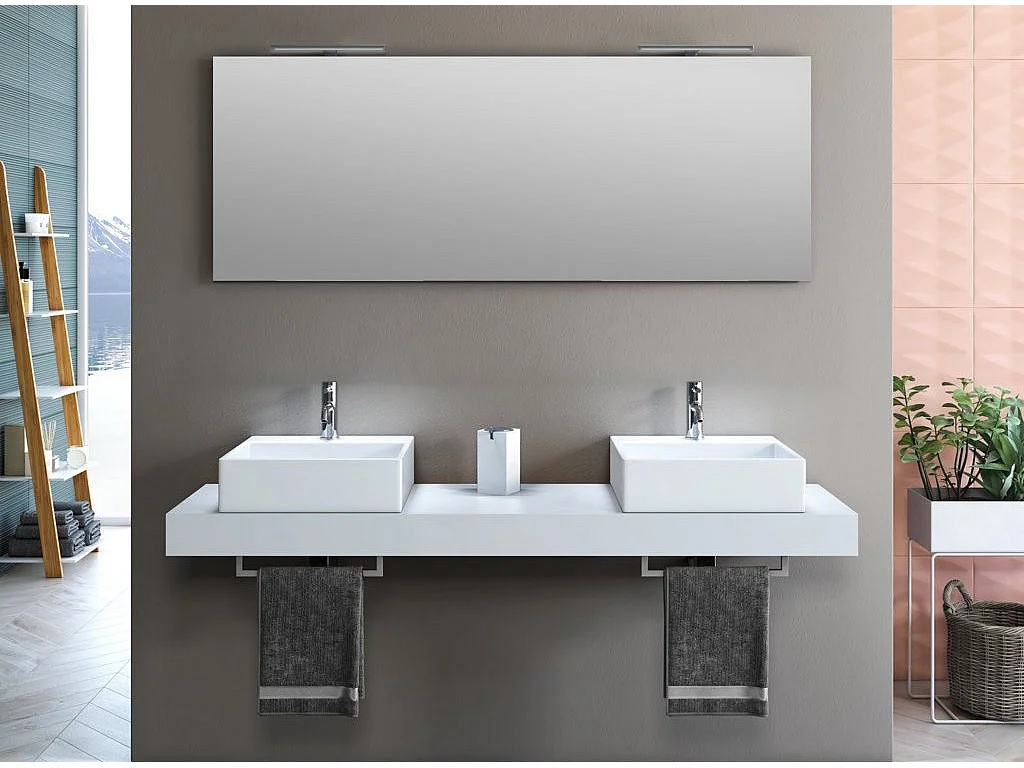 Ensemble meuble de salle de bain blanc double vasque et miroir lumineux Kyo L 165cm