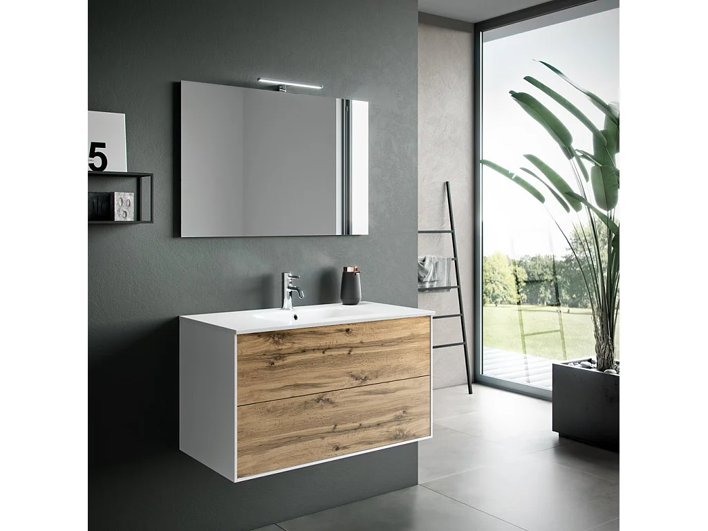 Ensemble meuble de salle de bain 2 tiroirs laqué blanc et chêne et miroir à LED Oga L 90cm