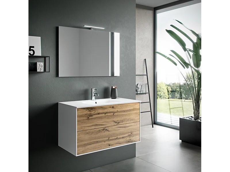 Ensemble meuble de salle de bain 2 tiroirs laqué blanc et chêne et miroir à LED Oga L 90cm