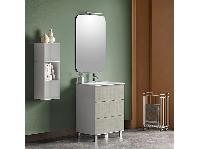Ensemble meuble de salle de bain 3 tiroirs laqué blanc et beige et miroir lumineux Lago L 60cm