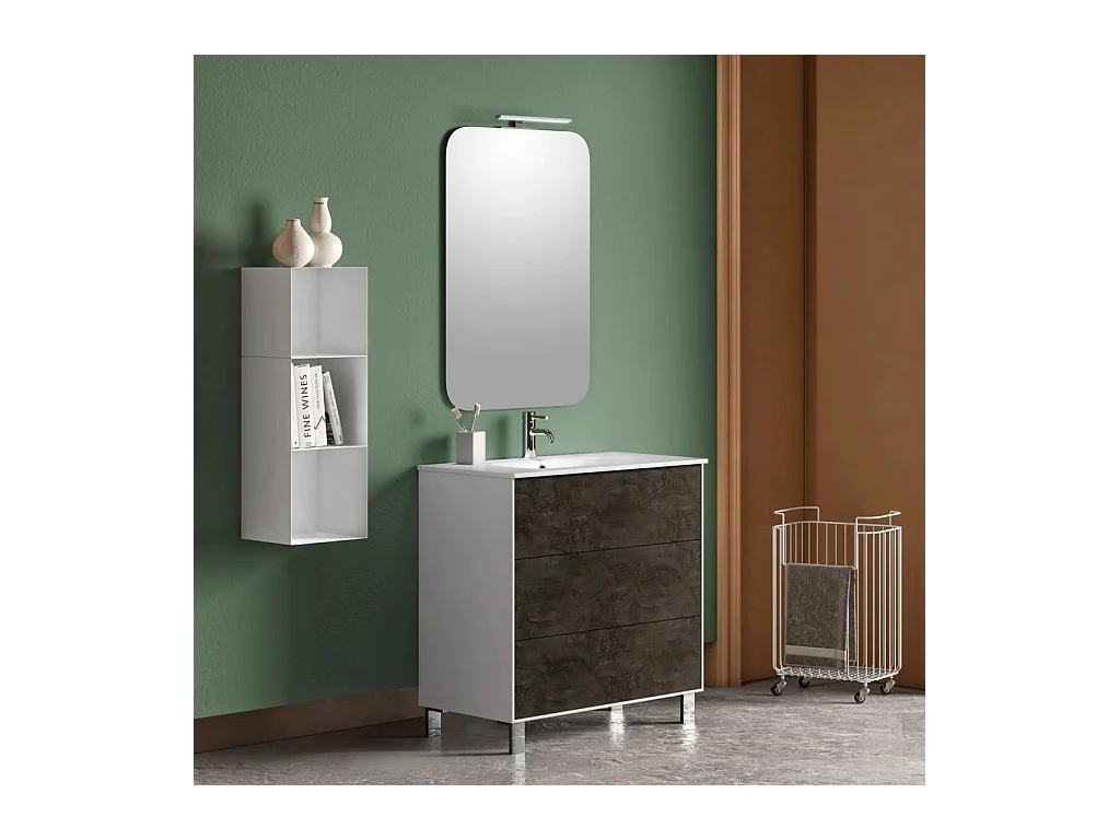 Ensemble meuble de salle de bain 3 tiroirs laqué blanc et gris oxyde et miroir lumineux Lago L 80cm