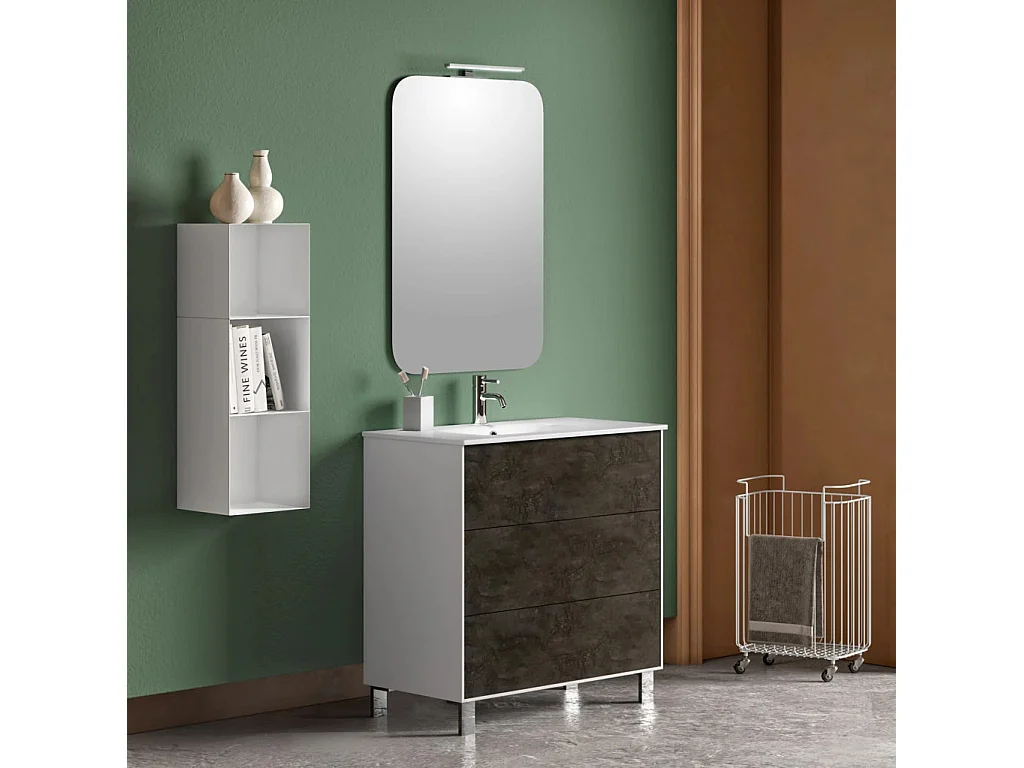 Ensemble meuble de salle de bain 3 tiroirs laqué blanc et gris oxyde et miroir lumineux Lago L 80cm