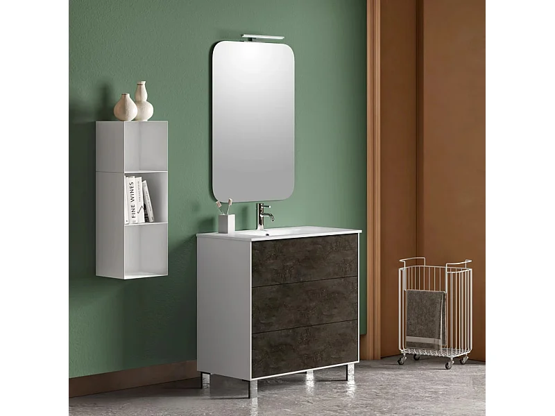 Ensemble meuble de salle de bain 3 tiroirs laqué blanc et gris oxyde et miroir lumineux Lago L 80cm