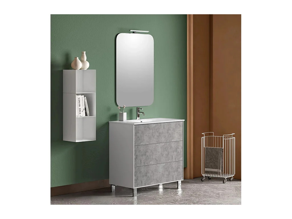 Ensemble meuble de salle de bain 3 tiroirs laqué blanc et effet béton et miroir lumineux Lago L 80cm