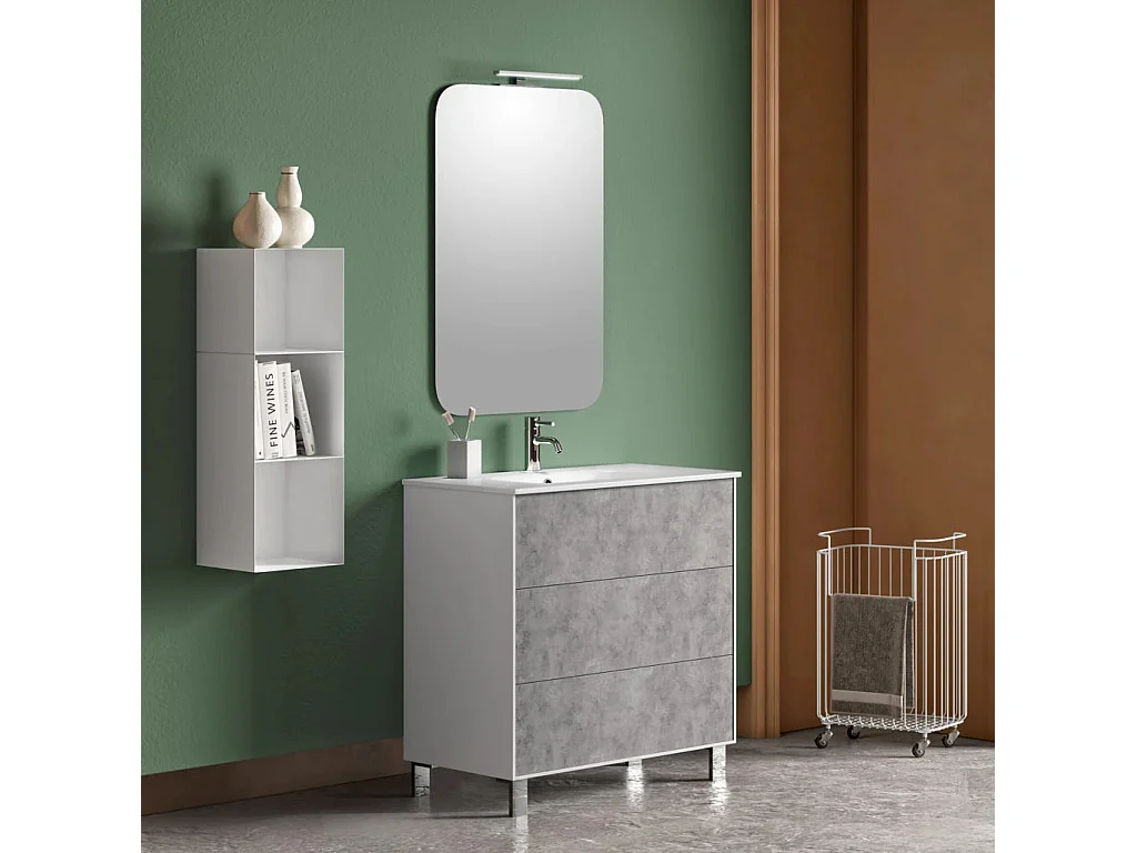 Ensemble meuble de salle de bain 3 tiroirs laqué blanc et effet béton et miroir lumineux Lago L 80cm