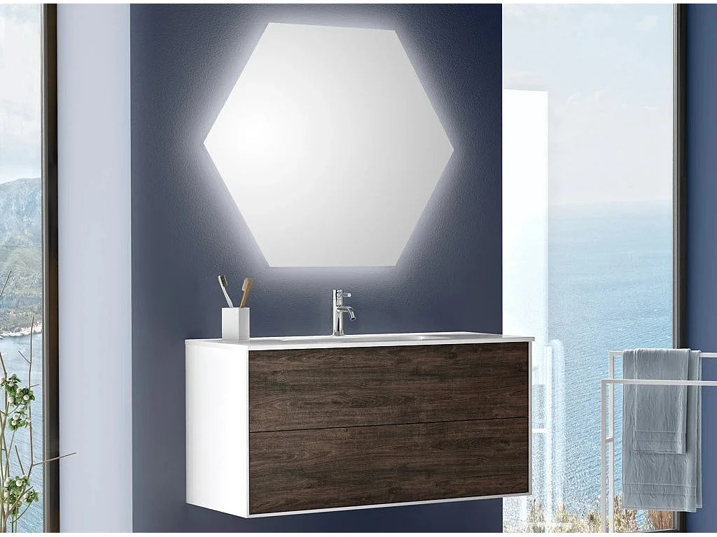 Ensemble meuble de salle de bain 2 tiroirs laqué blanc et marron et miroir lumineux Lago L 100cm