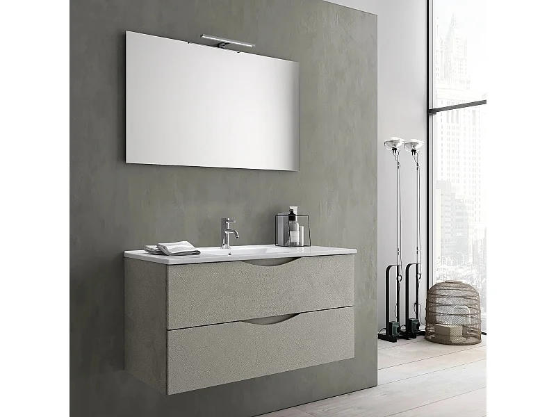 Ensemble meuble de salle de bain 2 tiroirs taupe effet pierre et miroir à LED Olo L 80cm