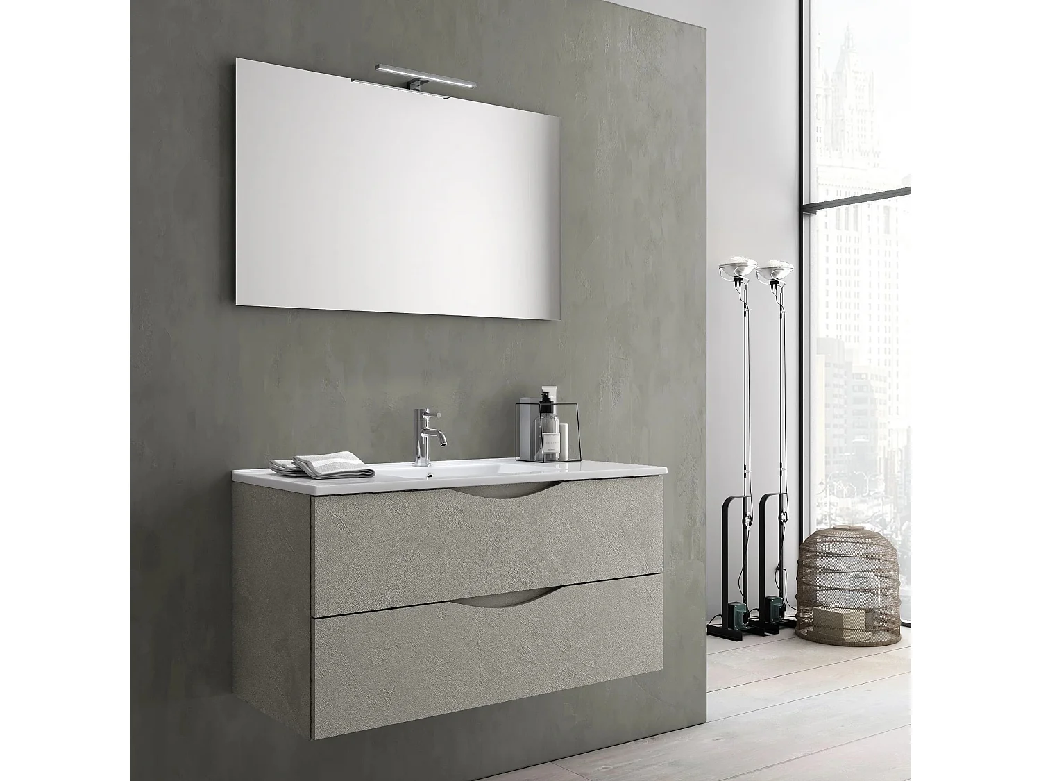 Ensemble meuble de salle de bain 2 tiroirs taupe effet pierre et miroir à LED Olo L 80cm