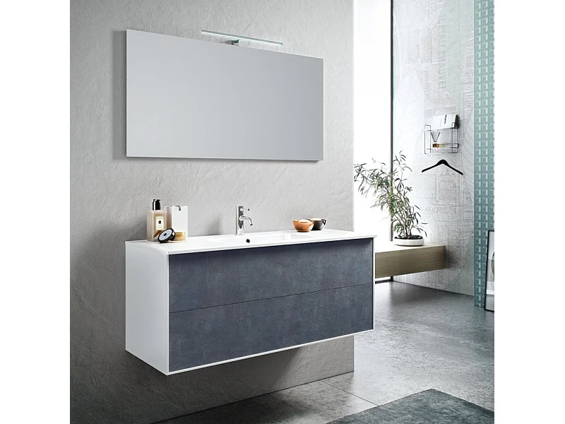Ensemble meuble de salle de bain 2 tiroirs laqué blanc et bleu effet pierre et miroir à LED Lago L 120cm