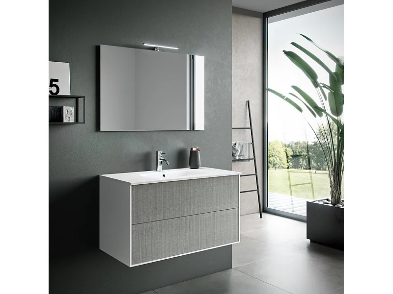 Ensemble meuble de salle de bain 2 tiroirs laqué blanc et gris et miroir à LED Oga L 100cm