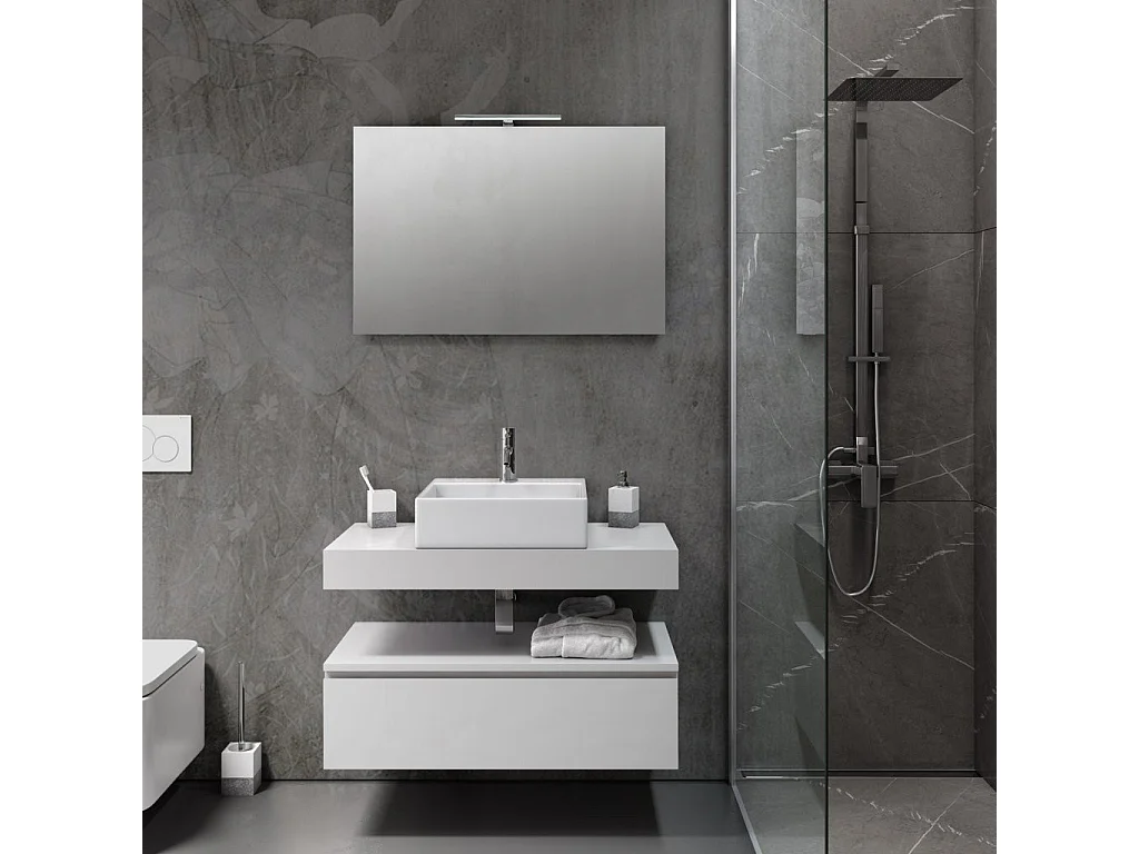 Ensemble meuble de salle de bain 1 tiroir bois blanc et miroir lumineux Kyo L 90cm