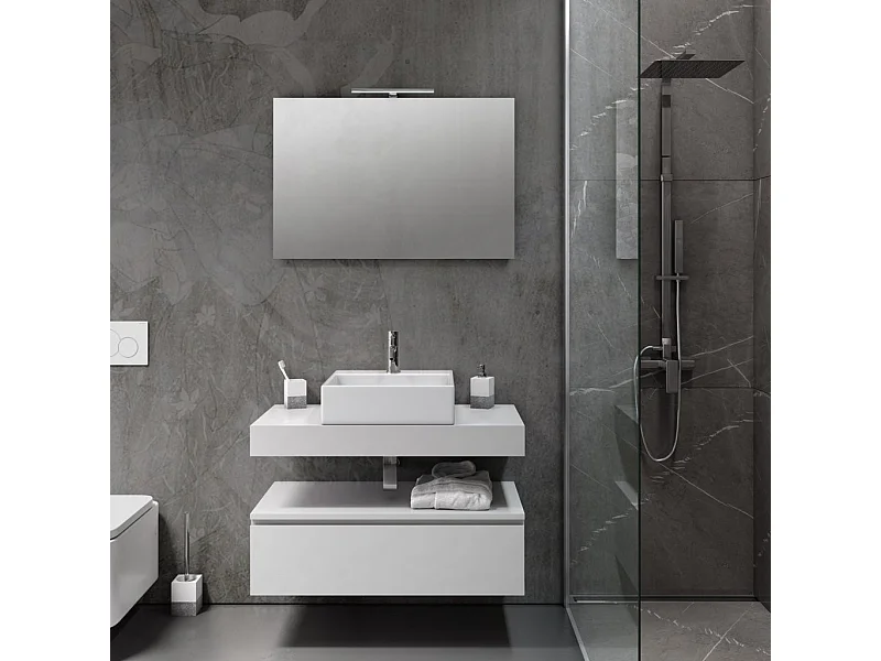 Ensemble meuble de salle de bain 1 tiroir bois blanc et miroir lumineux Kyo L 90cm