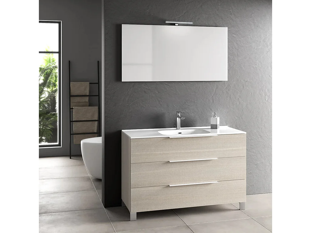 Ensemble meuble de salle de bain 3 tiroirs bois beige et miroir lumineux Malo L 120cm