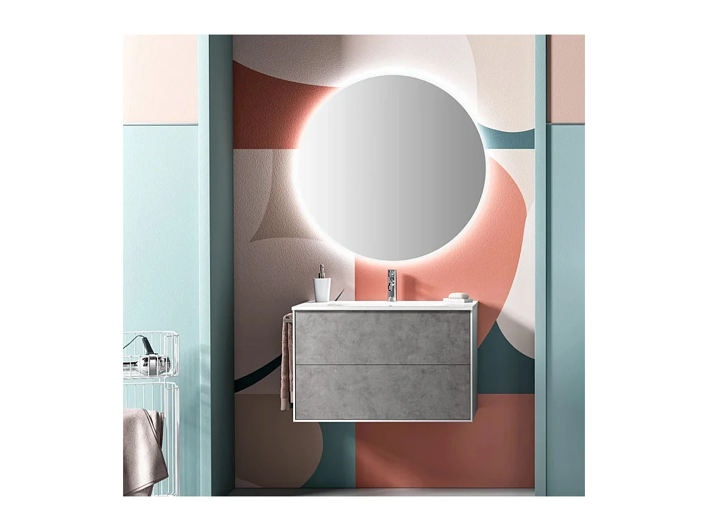Ensemble meuble de salle de bain 2 tiroirs laqué blanc et effet béton et miroir à LED Lago L 80cm