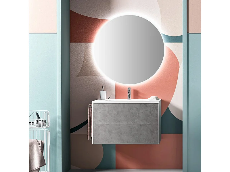 Ensemble meuble de salle de bain 2 tiroirs laqué blanc et effet béton et miroir à LED Lago L 80cm