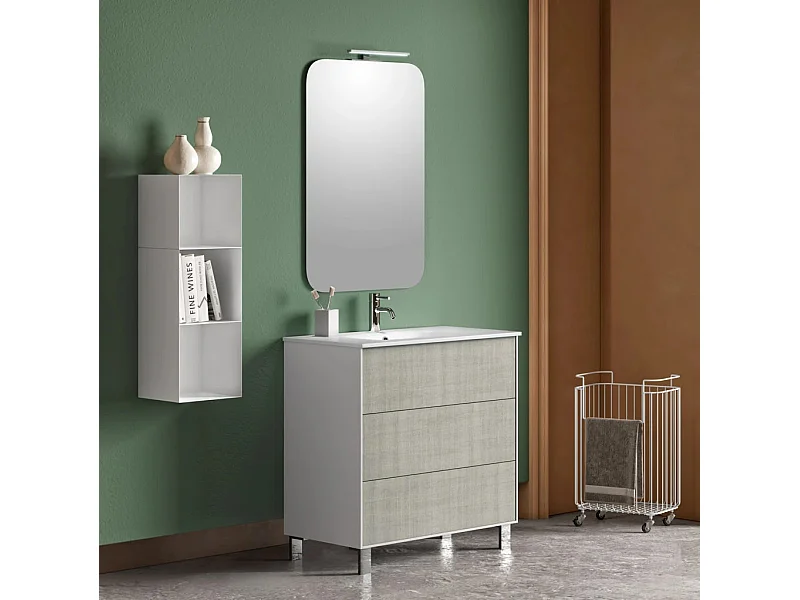 Ensemble meuble de salle de bain 3 tiroirs laqué blanc et beige et miroir lumineux Lago L 80cm