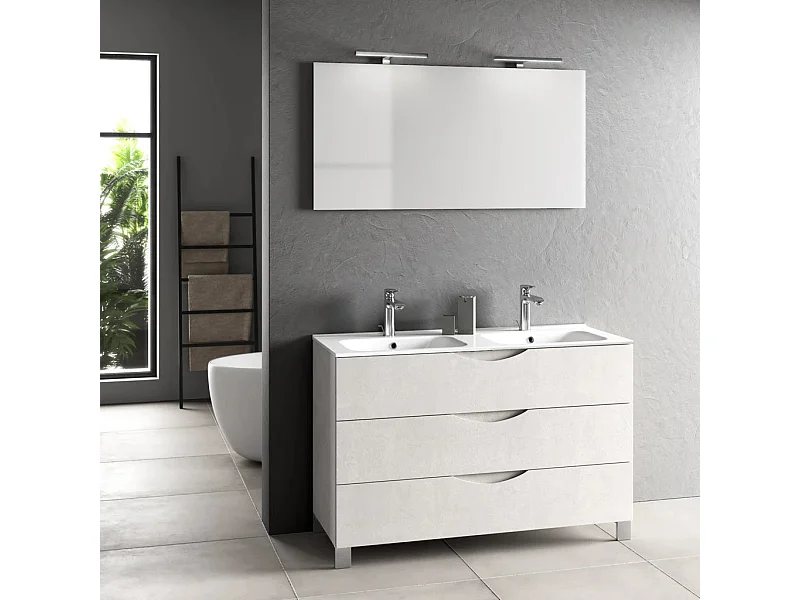 Ensemble meuble de salle de bain 3 tiroirs blanc effet pierre double vasque et miroir à LED Olo L 120cm