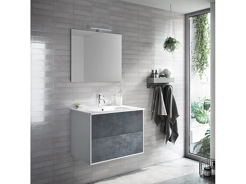 Ensemble meuble de salle de bain 2 tiroirs laqué blanc et bleu effet pierre et miroir à LED Oga L 80cm