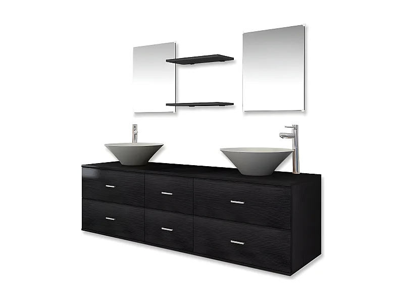 Meuble de salle de bain 15 pièces bois laqué noir Val