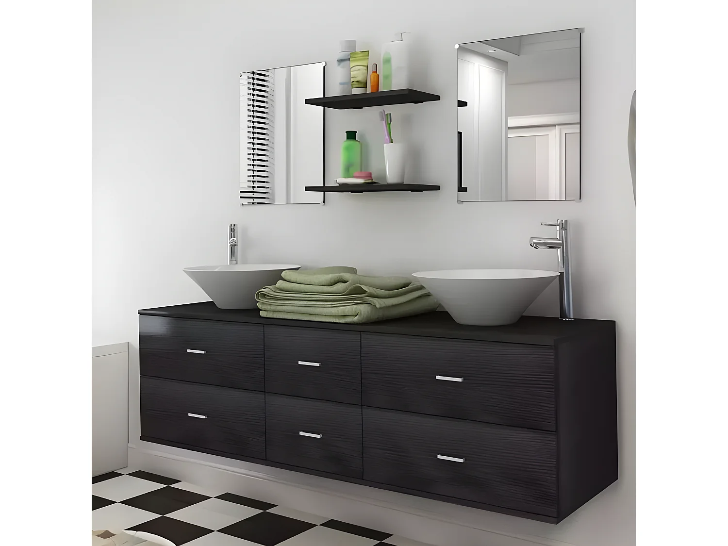 Meuble de salle de bain 15 pièces bois laqué noir Val