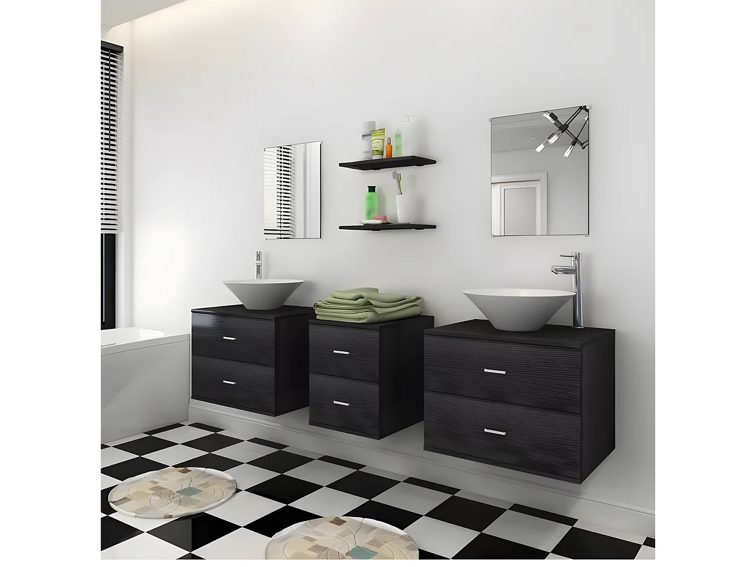 Meuble de salle de bain 15 pièces bois laqué noir Val