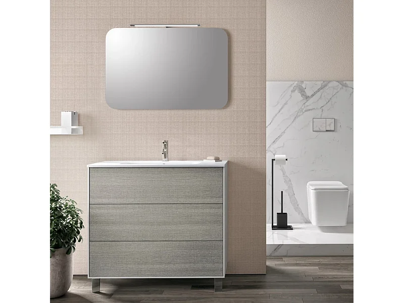 Ensemble meuble de salle de bain 3 tiroirs laqué blanc et gris et miroir lumineux Lago L 90cm