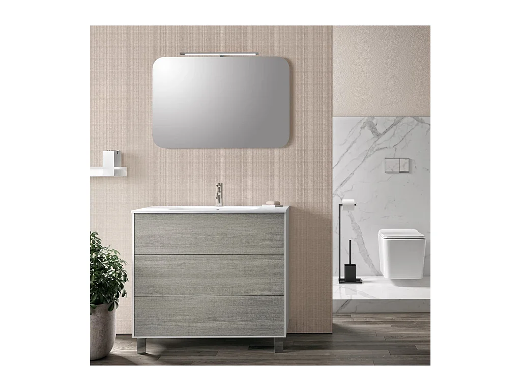 Ensemble meuble de salle de bain 3 tiroirs laqué blanc et gris et miroir lumineux Lago L 90cm