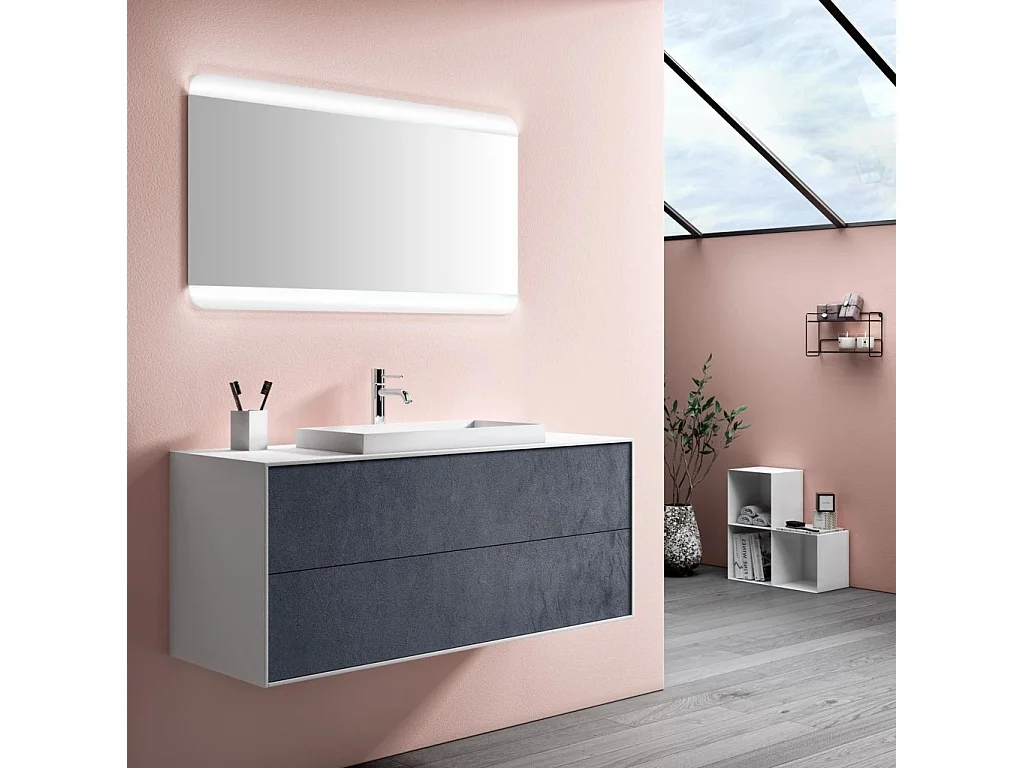 Ensemble meuble de salle de bain 2 tiroirs laqué blanc et bleu gris et miroir lumineux Lago L 120cm