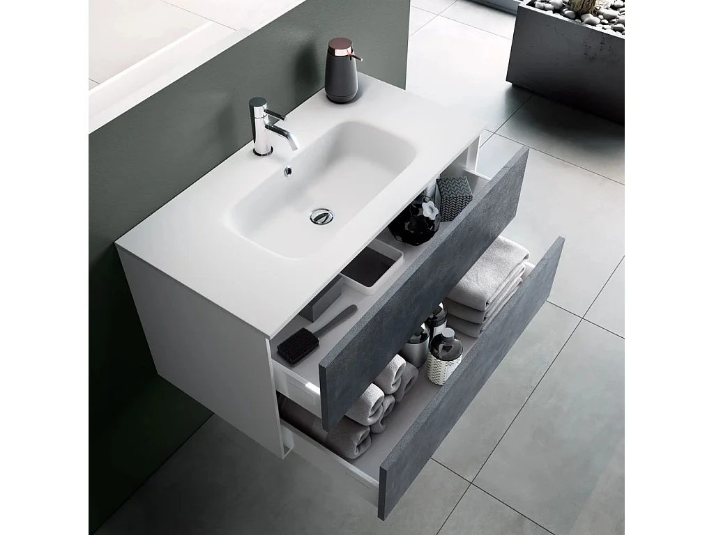 Ensemble meuble de salle de bain 2 tiroirs laqué blanc et bleu gris et miroir lumineux Lago L 120cm