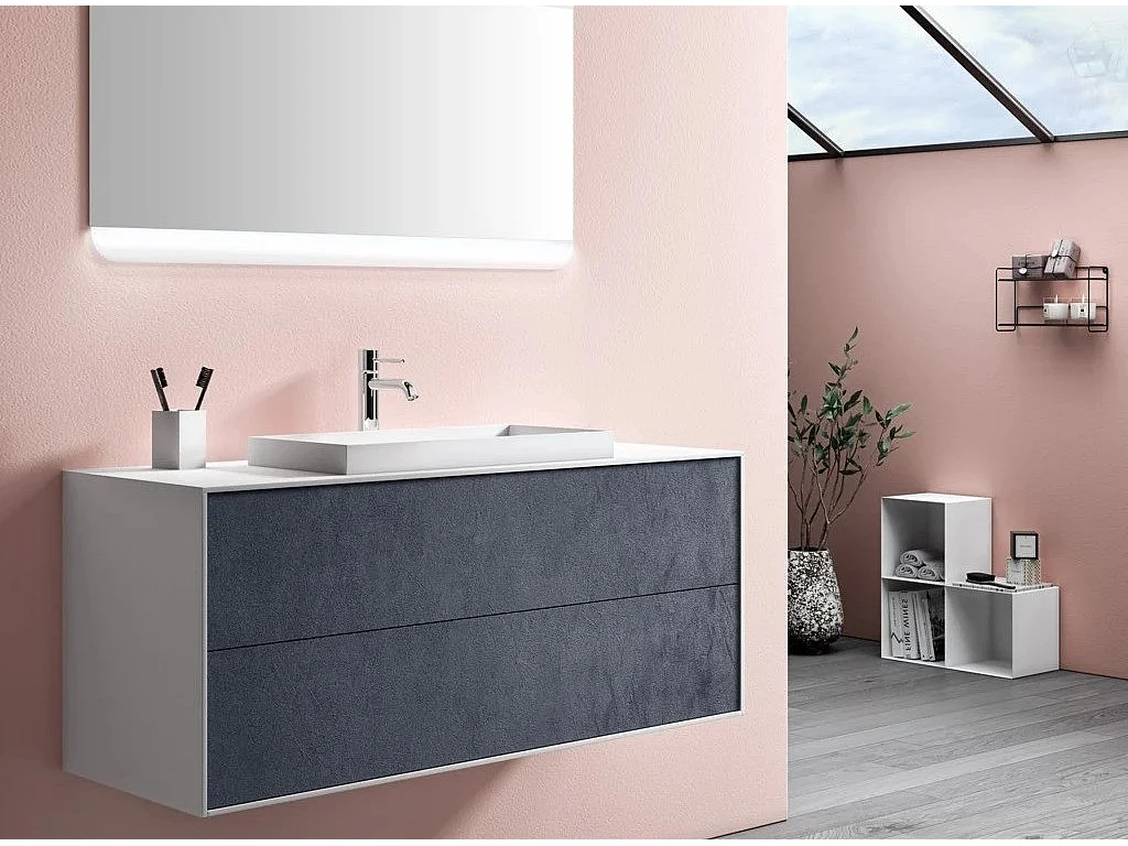 Ensemble meuble de salle de bain 2 tiroirs laqué blanc et bleu gris et miroir lumineux Lago L 120cm