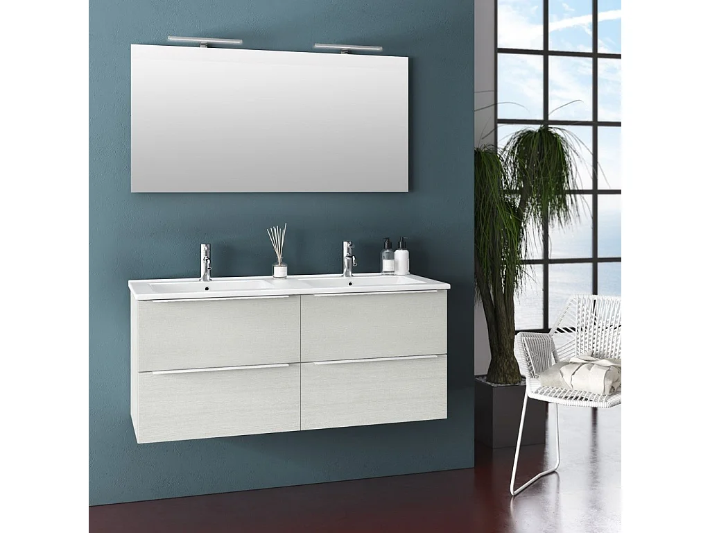 Ensemble meuble de salle de bain 4 tiroirs bois blanc et miroir à LED Malo L 120cm