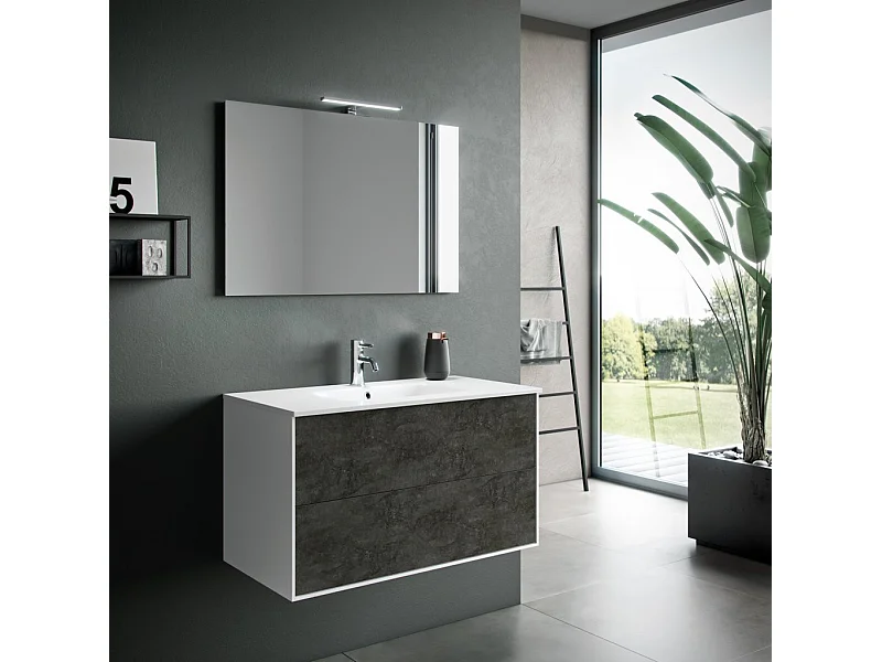 Ensemble meuble de salle de bain 2 tiroirs laqué blanc et gris oxyde et miroir à LED Oga L 90cm